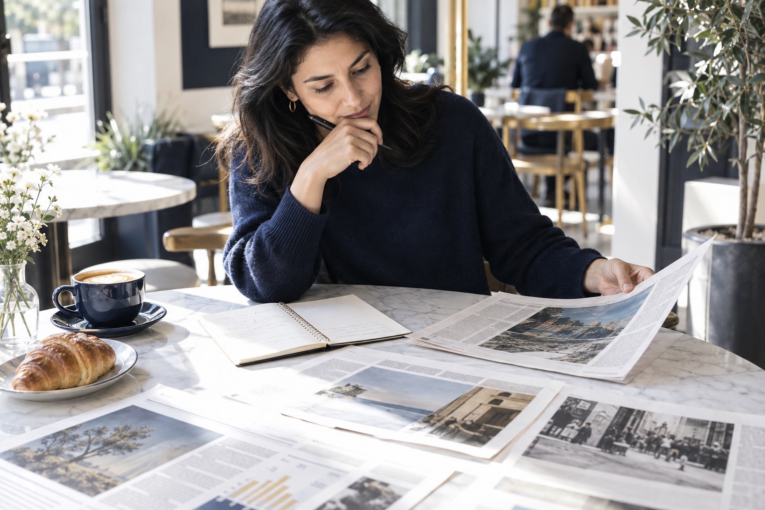 A reader comparing news pages and notes