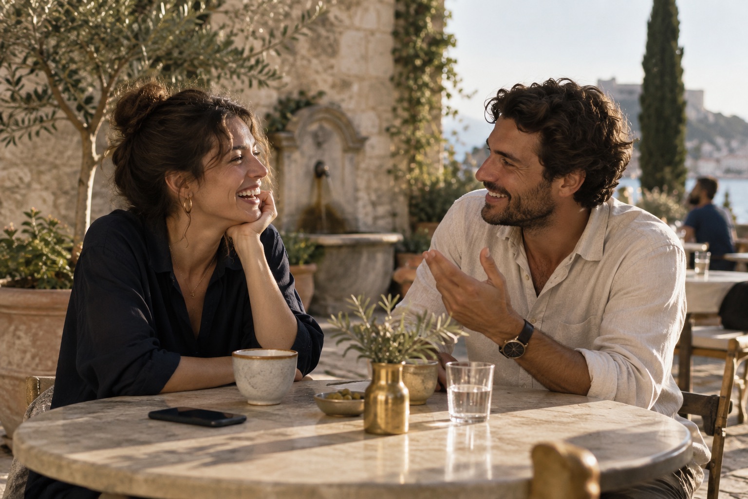 Two people talking at an outdoor table